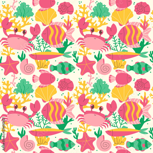 Seamless pattern with marine animals and plants on a light background