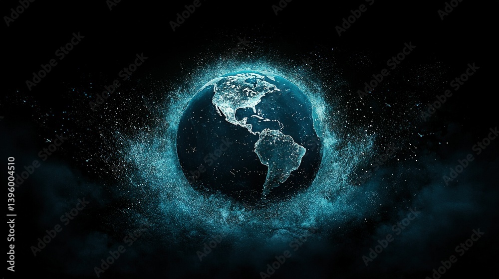 The image depicts Earth, set against a dark backdrop, with a prominent azure vortex at its center The image depicts Earth, set against a dark backdrop, with a prominent azure vortex at its center