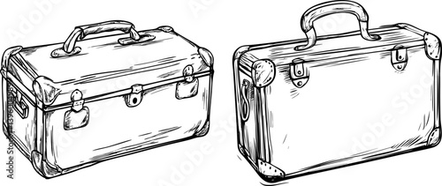 Vintage sketch of two travel luggage suitcases with handles.