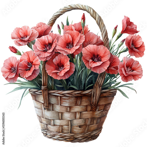 Dianthus bouquet in a basket, watercolor illustration, isolated on a white background.

