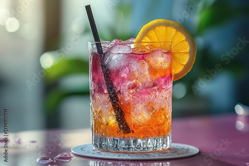 Refreshing cocktail with orange slice and ice cubes in vibrant lighting
