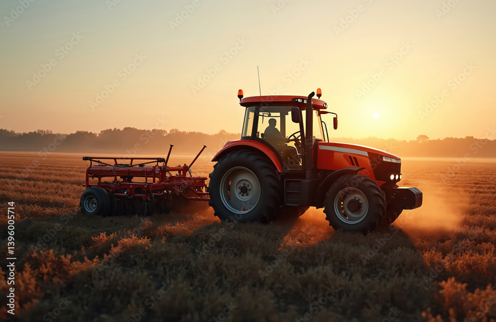 Fototapeta premium Red tractor works on agriculture field during sunset. Agricultural machinery plows land. Farmer inside. Agriculture, farming, industry. Golden hour. Countryside landscape, dusk time. Machine,
