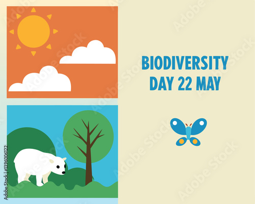 Biodiversity Day 22 May Illustration: Sun, Mountains, Polar Bear, Flower.