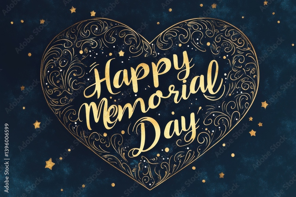 A golden heart with happy memorial day text on a dark blue background with small golden stars scattered around A golden heart with happy memorial day text on a dark blue background with small golden stars scattered around