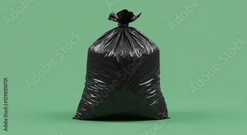 Black Plastic Trash Bag on Green Background - A full shot of a black plastic garbage bag tied at the top against a solid green background