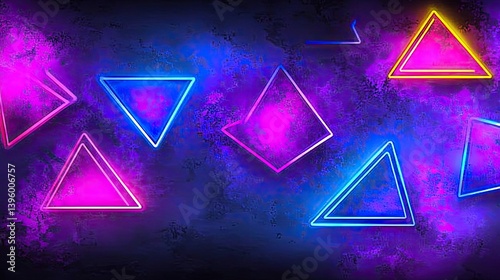 Neon geometric shapes on a dark textured background