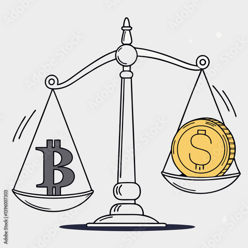 Finance scales balancing bitcoin and traditional gold coin