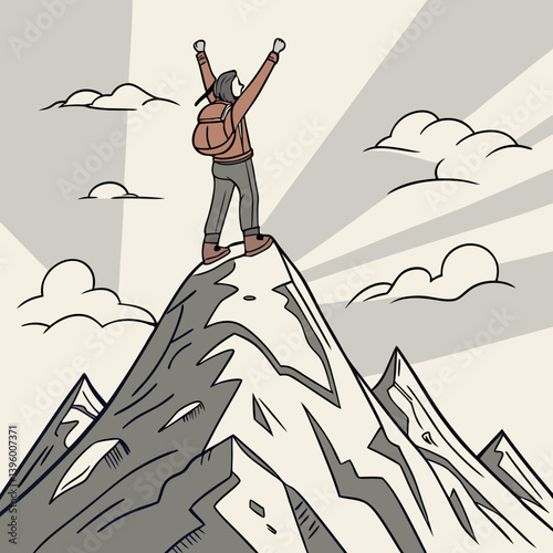 Mountain peak with a figure raising arms in victory at the summit