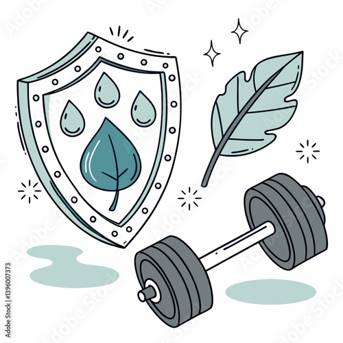 Shield with water, leaf, and dumbbell icons