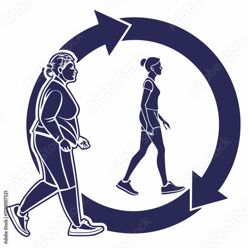 Circular icon with progress arrows and a slimmer figure in stages