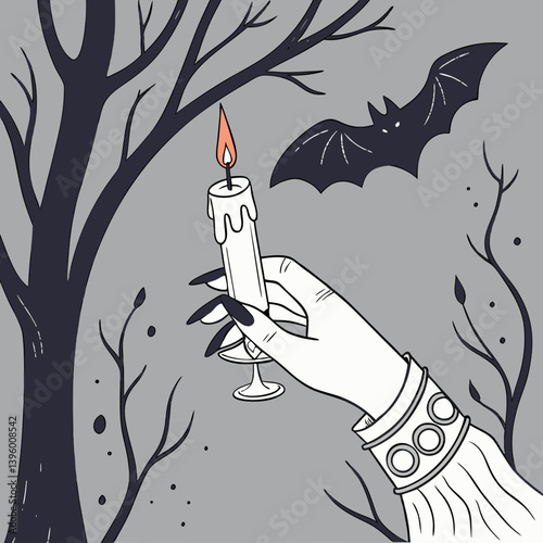 Gothic hand holding a candle, dripping wax and shadows