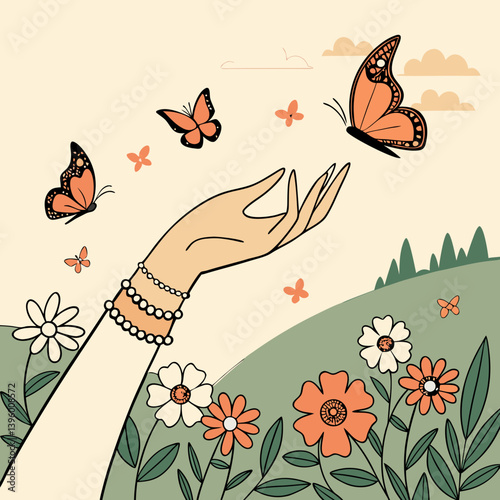 Elegant hand releasing butterflies into the sky