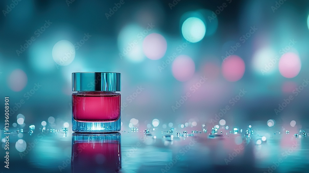 A bottle of perfume rests atop a table amidst a vibrant backdrop of blue and pink light streaks A bottle of perfume rests atop a table amidst a vibrant backdrop of blue and pink light streaks