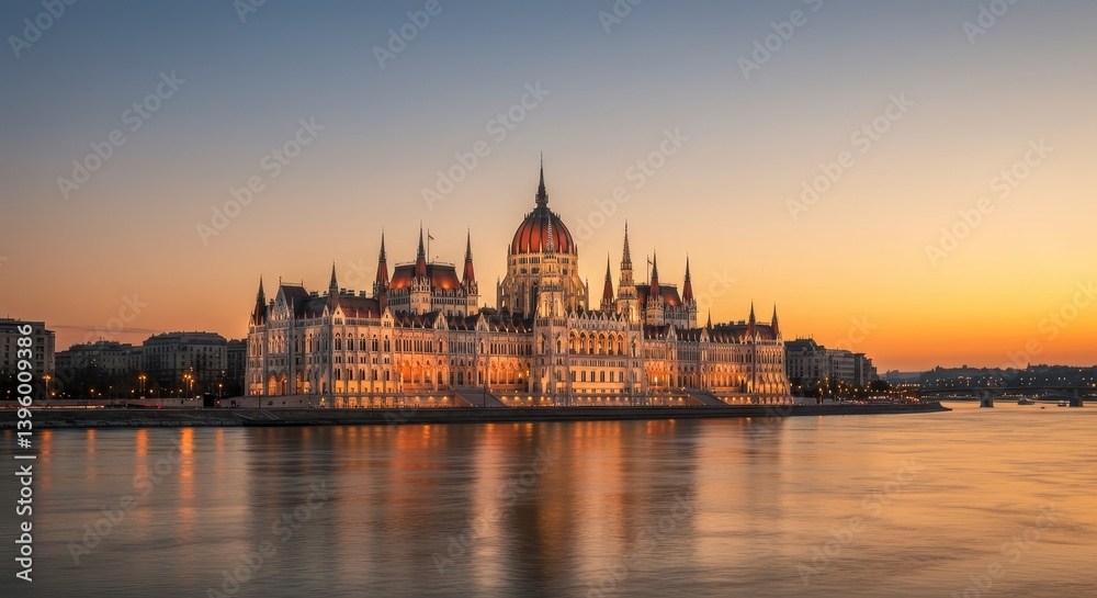 Naklejka premium Budapest Parliament Building Sunset Reflection - Majestic Hungarian Parliament Building illuminated at sunset, reflecting on the Danube River. Symbolizing history, architecture, beauty, heritage