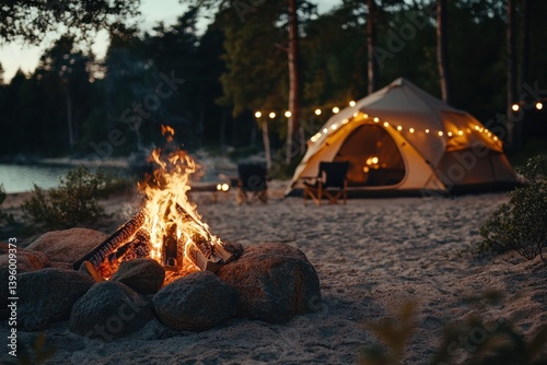 Bonfire against background of a yellow tent. Bonfire against the background of a tent camp at night.
