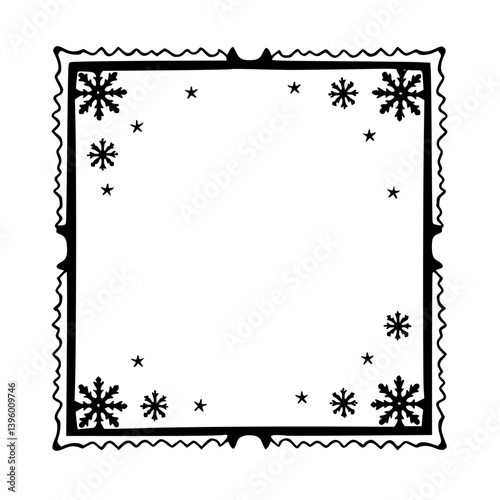 Winter Frame with Snowflakes and Stars, Black and White Illustration