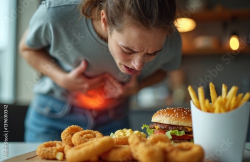 Woman suffers from stomach pain after consuming unhealthy fast food. Hand on abdomen, discomfort, nausea. Burger, fries, onion rings are on table. Indigestion, heartburn, avoid junk food.