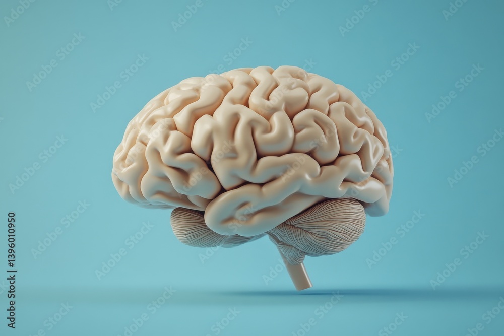 Anatomical model of a human brain displayed against a light blue backdrop in a studio setting with soft lighting Anatomical model of a human brain displayed against a light blue backdrop in a studio setting with soft lighting