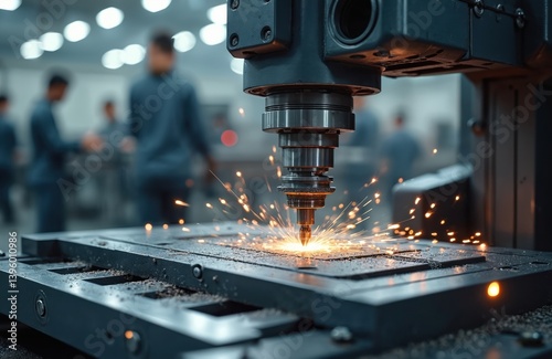 CNC milling machine in action. Sparks fly during the metalworking process in industrial environment. Engineers in the background create cutting-edge tech. Precision manufacturing production.