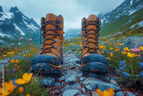Wet Hiking Boots Resting on Mountain Trail Among Colorful Wildflowers