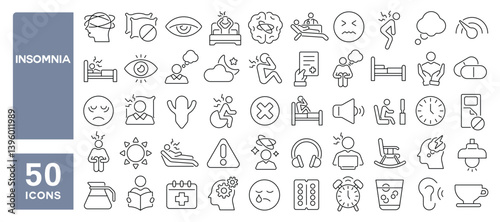 Set of 50 line icons related to insomnia, sleepless, overthinking, awake, stress, disorder, anxiety, sleep problems, Editable stroke. Vector illustration