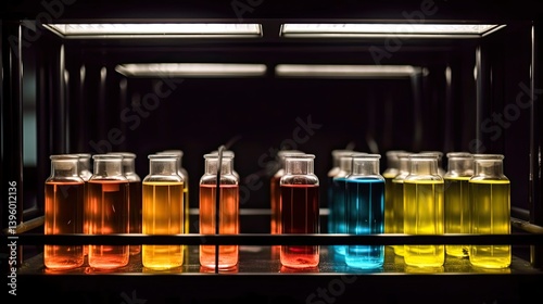 Glass Bottles Filled with Colorful Laboratory Fluids on Illuminated Shelf