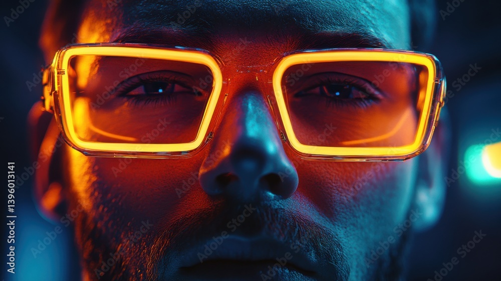 Close-up of a man wearing neon glowing futuristic glasses