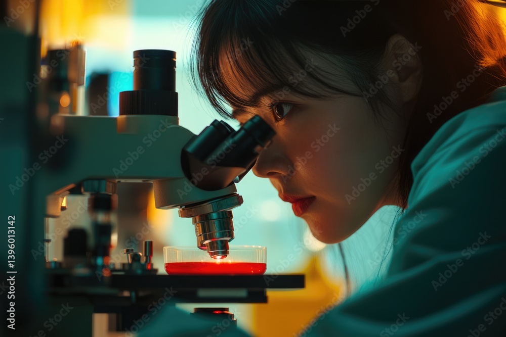 A female scientist intently examines a sample under a microscope in a laboratory setting. A female scientist intently examines a sample under a microscope in a laboratory setting.