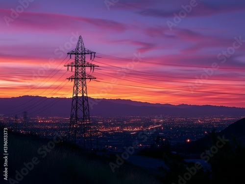 Electric lines stretch from a towering grid structure silhouetted against a stunning sunset. The horizon glows with city lights, creating a breathtaking evening panorama.