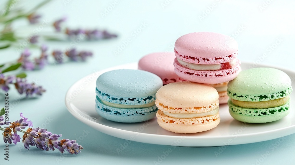 Obraz premium A white plate with macaroons sits atop a table next to purple flowers