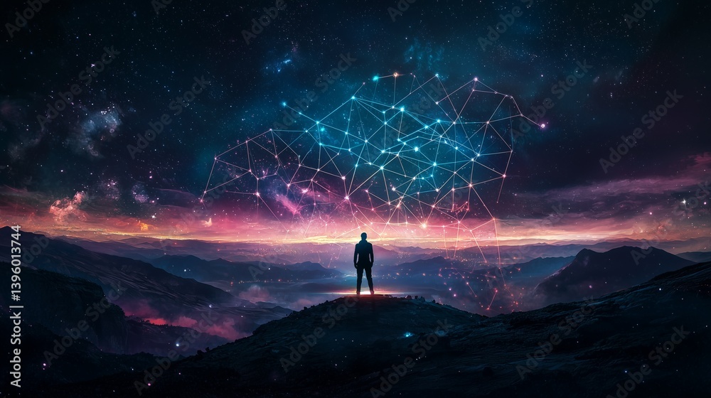 Fototapeta premium digital network map sprawling across the night sky, connecting various constellations representing different blockchain networks
