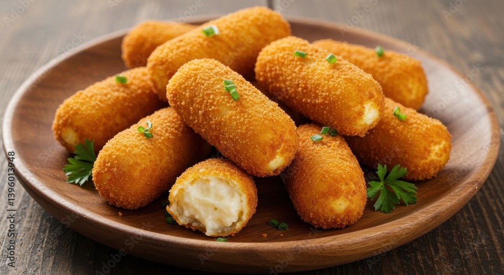 A wooden plate filled with golden brown croquettes garnished with green herbs on a dark surface top A wooden plate filled with golden brown croquettes garnished with green herbs on a dark surface top