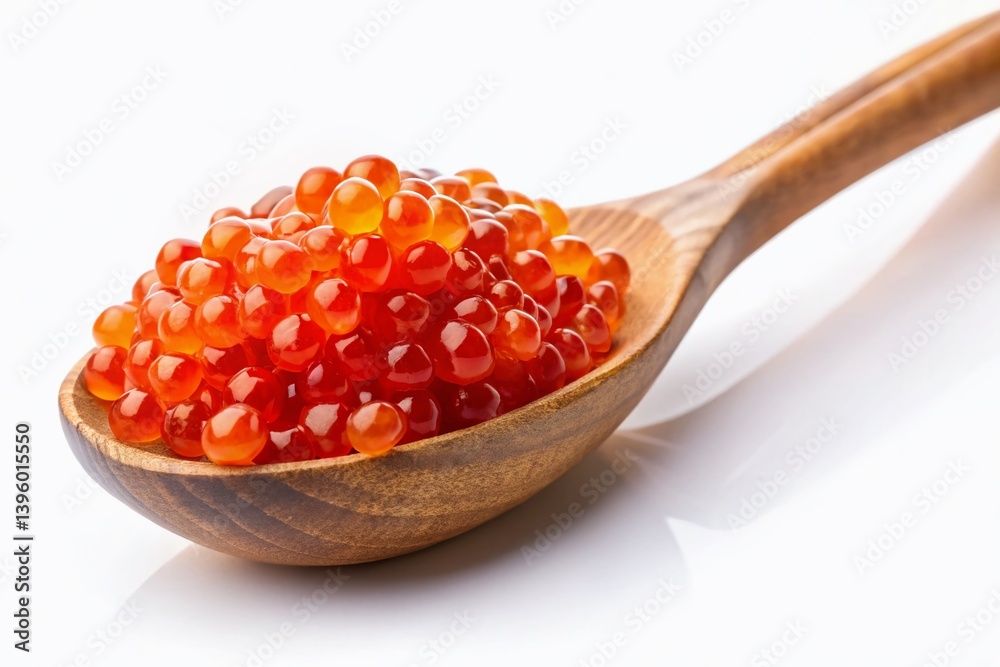 Luxurious Red Caviar Scoop on Rustic Wooden Spoon, Isolated on White Background Luxurious Red Caviar Scoop on Rustic Wooden Spoon, Isolated on White Background