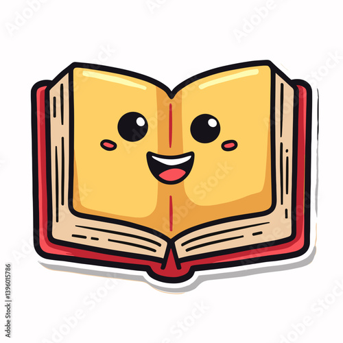 cute cartoon book character sticker  yellow, red, white, smiling face