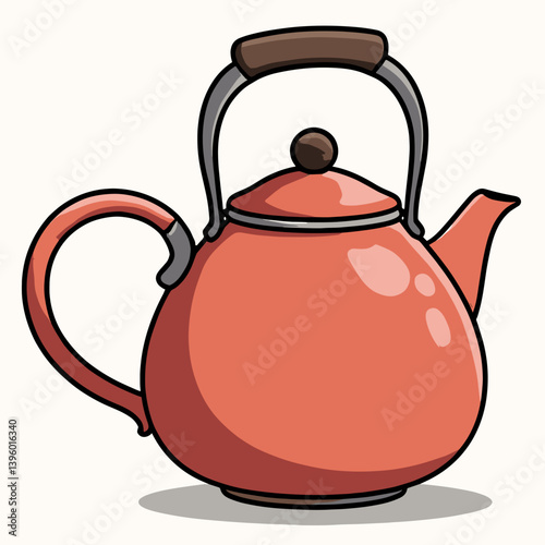vibrant red tea kettle with brown handle  cartoon illustration