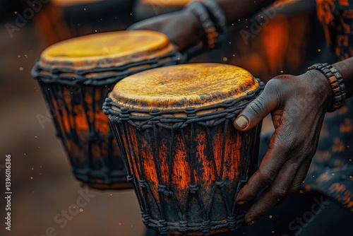 Close-Up of Hands Playing Traditional Handcrafted African Drums