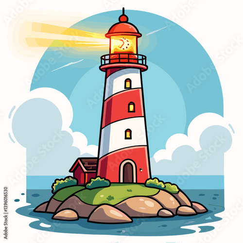 cartoon lighthouse on rocky island with sunset sky