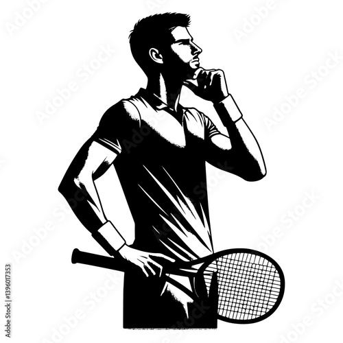 Male Tennis Player Deep In Thought, Black And White Tennis Silhouette