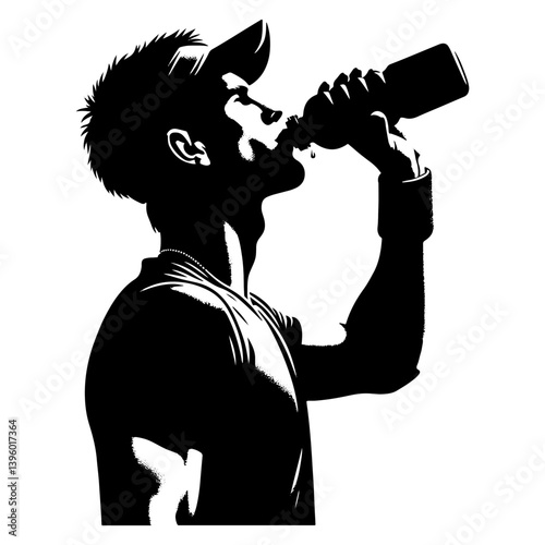 Male Tennis Player Taking A Drink Of Water, Black And White Tennis Silhouette