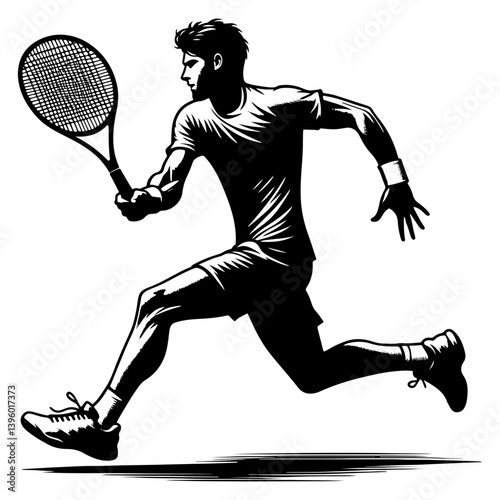 Male Tennis Player Running To Return A Shot, Black And White Tennis Silhouette