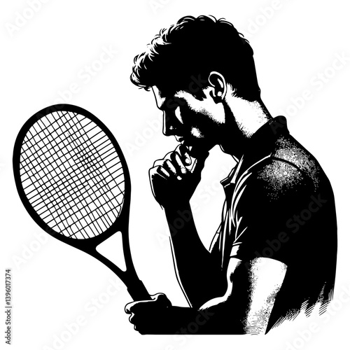 Male Tennis Player Checking Tennis Racket For Damage, Black And White Tennis Silhouette