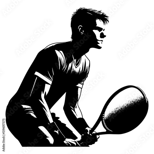 Male Tennis Player Waiting to Return A Serve, Black And White Tennis Silhouette