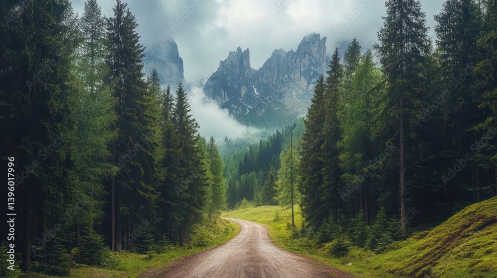 Misty forest path leading to mountains Misty forest path leading to mountains
