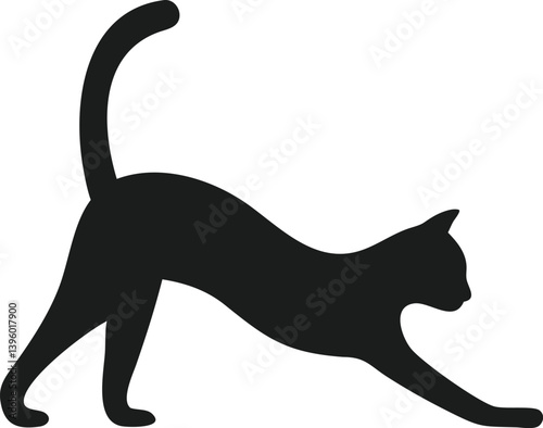 Elegant Black Cat Silhouette, Stretching, Playful, Agile, Feline Grace