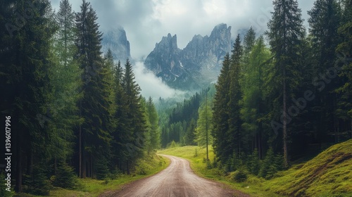 Misty forest path leading to mountains