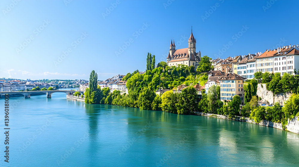 Obraz premium Panoramic View Of A Swiss Riverfront Town With Historic Buildings