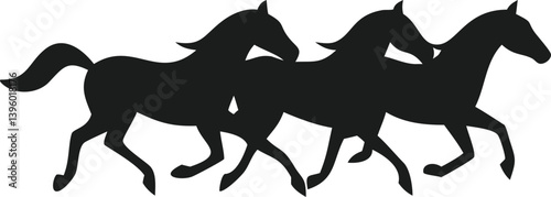 Three Black Horses Galloping, Silhouette, Running, Speed, Power, Energy, Wild, Freedom, Nature