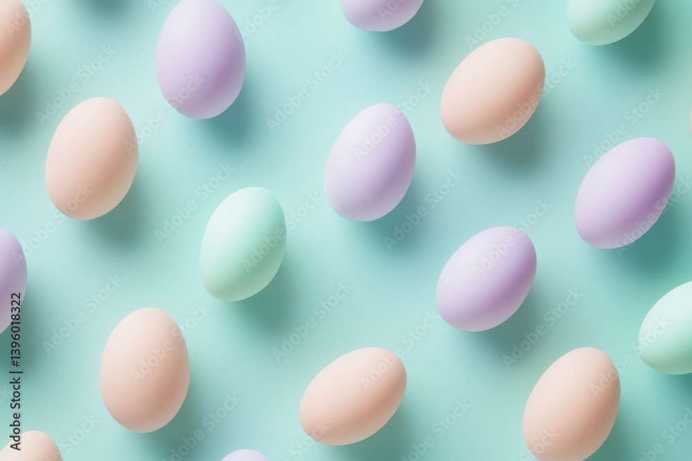 A pastel easter egg pattern featuring light purple peach and green eggs on light blue background surface A pastel easter egg pattern featuring light purple peach and green eggs on light blue background surface