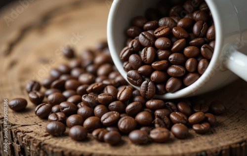 White Cup Spilling Coffee Beans on Brown Surface