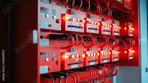Closeup of red electrical control panel with glowing lights and cables